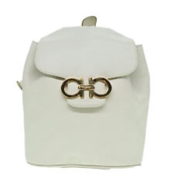 Salvatore Ferragamo Gancini Leather School Draswtring Backpack White /Silver - Picture 1 of 8